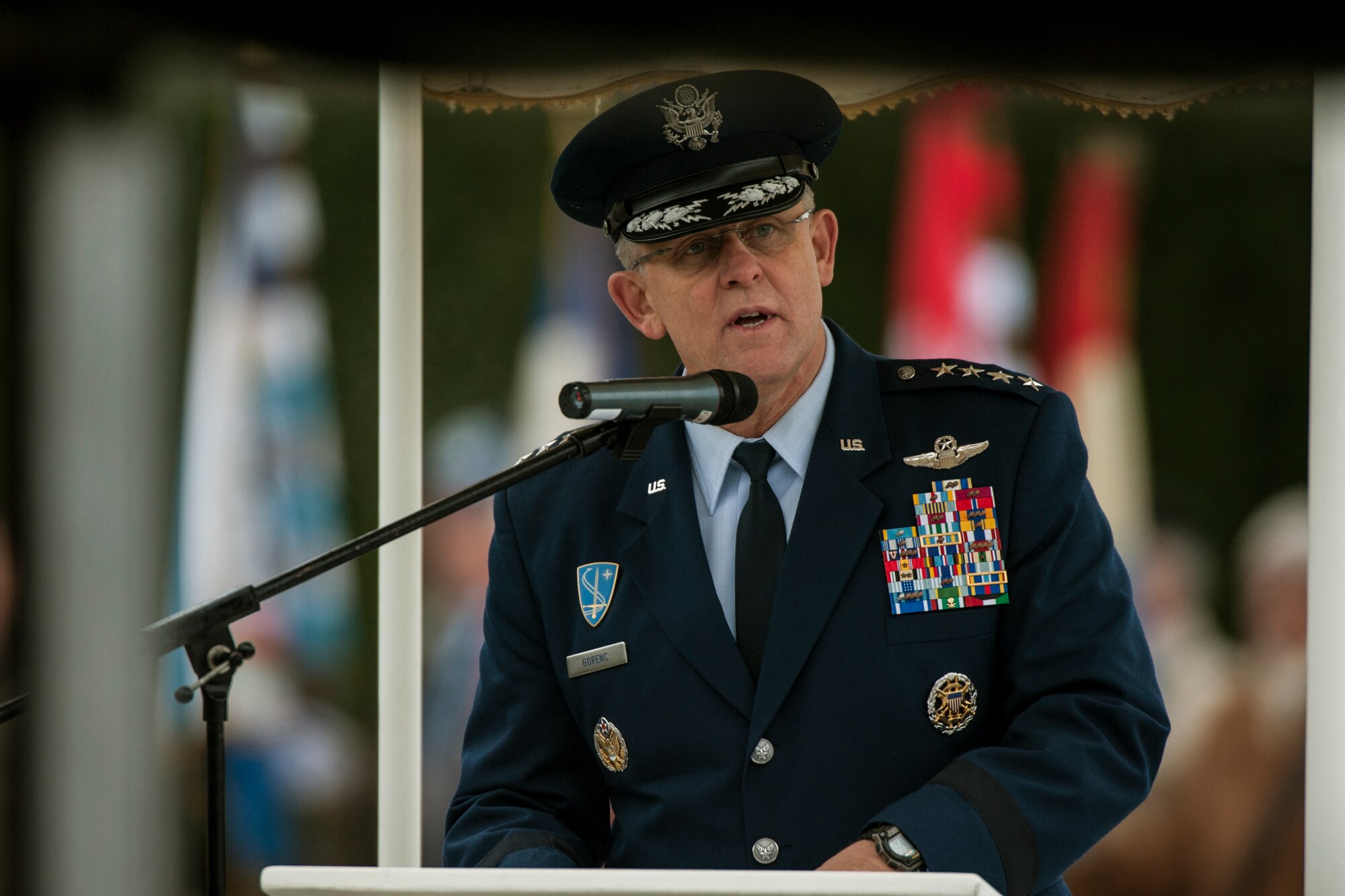 U.S. Air Force Gen. Frank Gorenc, U.S. Air Forces in Europe and Air Forces Africa commander, speaks during a ceremony at Luxembourg American Cemetery and Memorial Dec. 16, 2014, in Luxembourg. The ceremony honored all veterans who fought during the Battle of the Bulge, which began Dec. 16, 1944. (U.S. Air Force photo by Senior Airman Rusty Frank/Released)