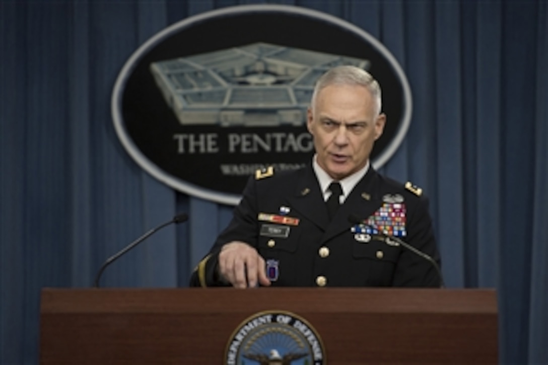 Army Lt. Gen. James L. Terry, commander of Combined Joint Task Force Operation Inherent Resolve, briefs reporters on the mission and provides an update on operations at the Pentagon, Dec. 18, 2014. 