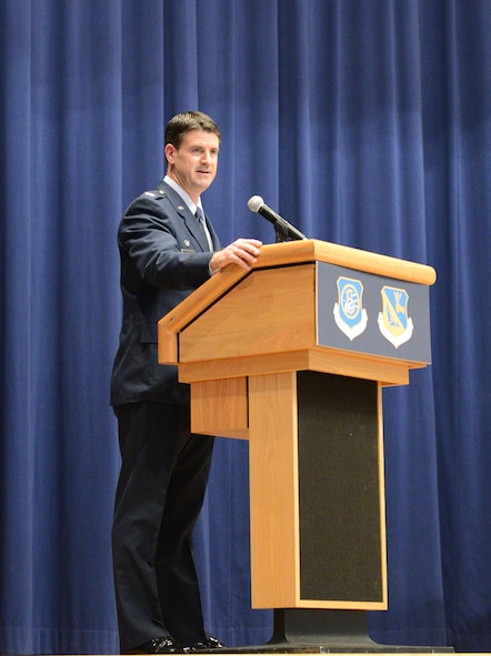 Col. Robert Dotson, 374th Operations Group commander, delivers remarks at the 374 OG Change of Command Ceremony Dec. 19, 2014, at Yokota Air Base, Japan. Dotson comes to Yokota from Ramstein Air Base, Germany, where he served as the Director of Safety at Headquarters United States Air Forces, Europe. (U.S. Air Force photo by Senior Airman Desiree Economides/Released)