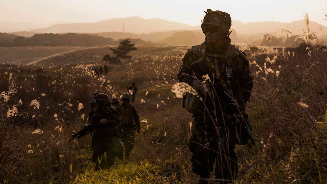 U.S. Marines lead a foot patrol during Forest Light 15-1 at the Oyanohara Training Area in Yamato, Kumamoto prefecture, Japan Dec. 9. Forest Light is a routine, semi-annual exercise designed to enhance the U.S. and Japan military partnership, solidify regional security agreements and improve individual and unit-level skills. The Marines are with 2nd Battalion, 9th Marine Regiment, currently attached to 4th Marine Regiment, 3rd Marine Division, III Marine Expeditionary Force, under the unit deployment program. 