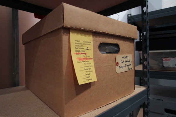 Alexandria, Va. -- One of eight boxes sits in storage at the Veterans Curation Program office in Alexandria, Virginia, Dec. 3, 2014. The curation program provides recently separated military veterans with employment and archaeological training, including going through artifacts found at Fort Norfolk, while also providing the veterans with resume writing assistance and interview skills  over a five month period. (U.S. Army photo/Patrick Bloodgood)