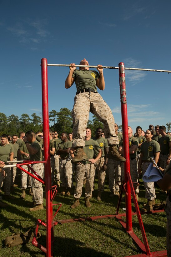 Sgt. Andrea Shapiro, a tactical switchboard operator with 8th Communication Battalion, II Marine Expeditionary Force Headquarters Group, II Marine Expeditionary Force, completes pull-ups for her team during the “Praetorian Challenge” field meet aboard Camp Lejeune, N.C., Oct. 10, 2014. Marines, sailors and families completed a variety of events, such as pull-ups, to compete against the various units within II MHG to ultimately earn the Praetorian shield, the crest of the unit. (U.S. Marine Corps photo by Cpl. Elizabeth A. Case/Released)