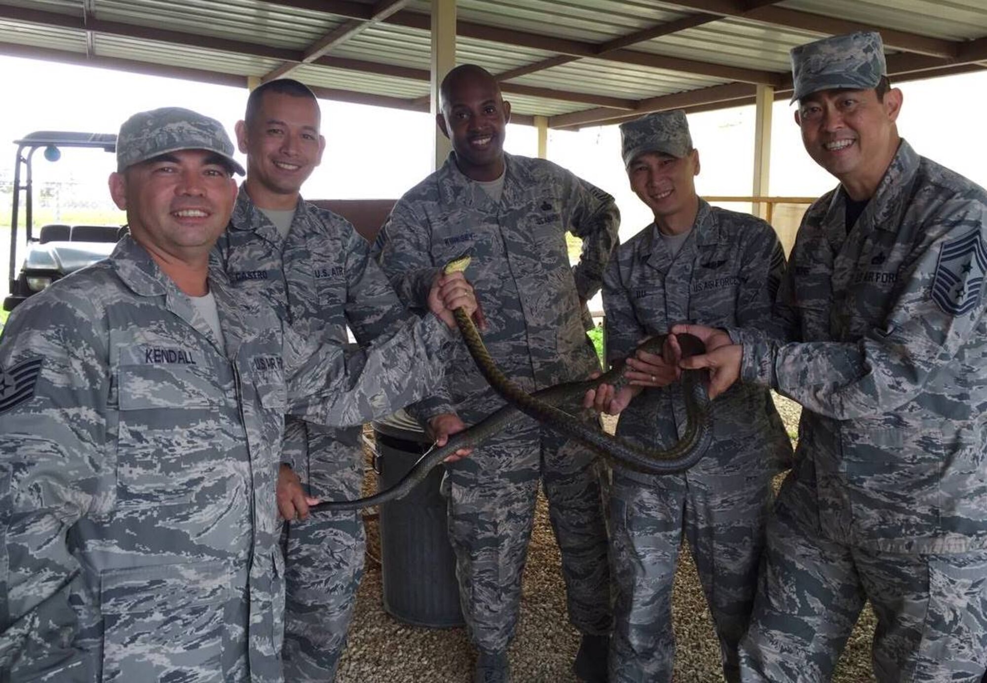 From left, Tech. Sgts. Michael Kendall and Robert Castro, air transportation craftsmen with the 44th Aerial Port Squadron, Andersen Air Force Base Guam; Chief Master Sgt. Cameron Kirksey, command chief of Air Force Reserve Command, Robins Air Reserve Base, Georgia; Chief Master Sgt. Michael Du, the new command chief of the 624th Regional Support Group, Joint Base Pearl Harbor-Hickam, Hawaii, and Chief Master Sgt. Brian Wong, command chief of the 4th Air Force, March Air Reserve Base, California, pose for a photo with at brown tree snake at a holding facility for the snakes at Andersen Air Force Base, Guam, Dec. 11, 2014.  Kendall and Castro, reservists who work as biological science technicians in their civilian job with the U.S. Department of Agriculture, gave the three visiting command chief master sergeants a tour of their facility as part of the chiefs’ visit to meet and greet with the Guam reservists. (Courtesy photo/44th Aerial Port Squadron)