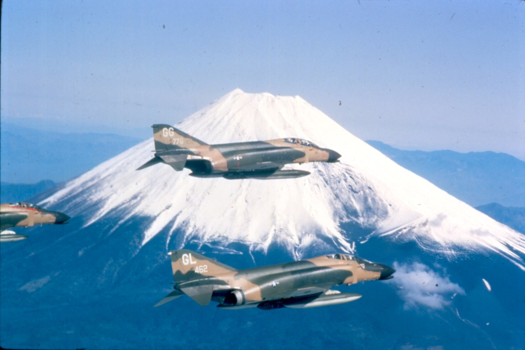 Three Yokota-based F-4s flying in front of Mt. Fuji circa 1970. (U.S. Air Force photo courtesy of the 374 AW History Office)
