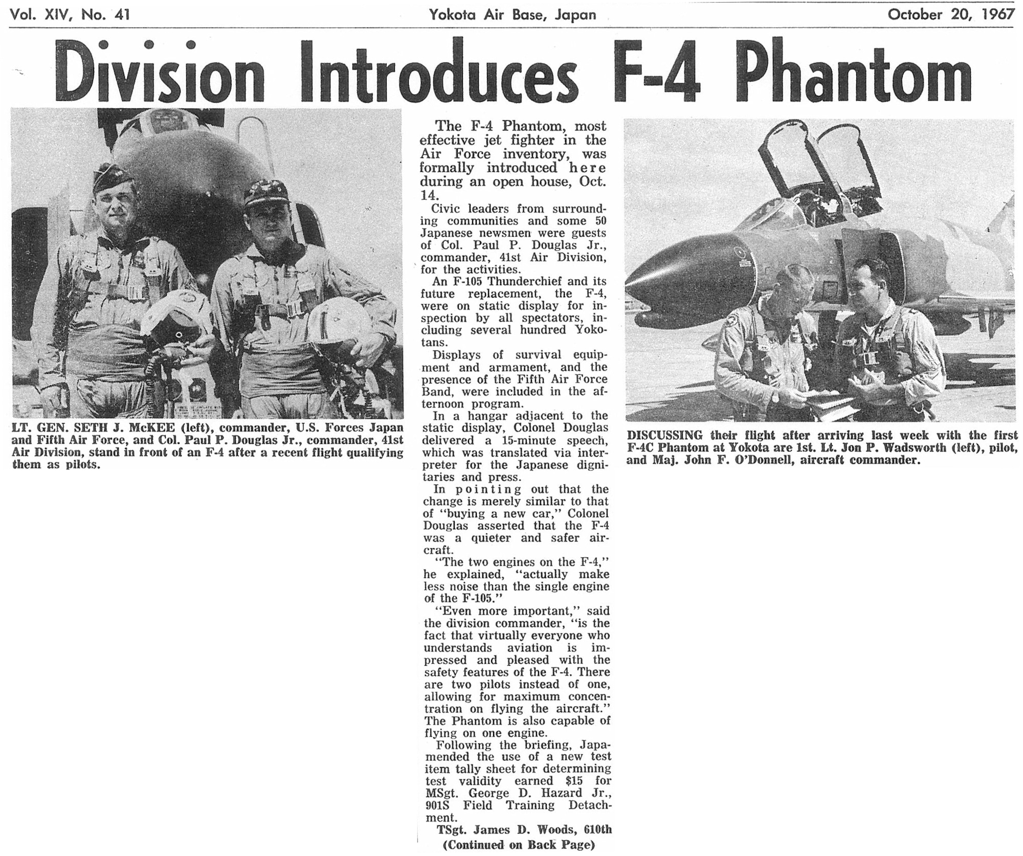 A 20 October 1967 article from the Yokota newspaper Afterburner
announcing the newly arrived F-4Cs. (U.S. Air Force photo courtesy of the 374 AW History Office)
