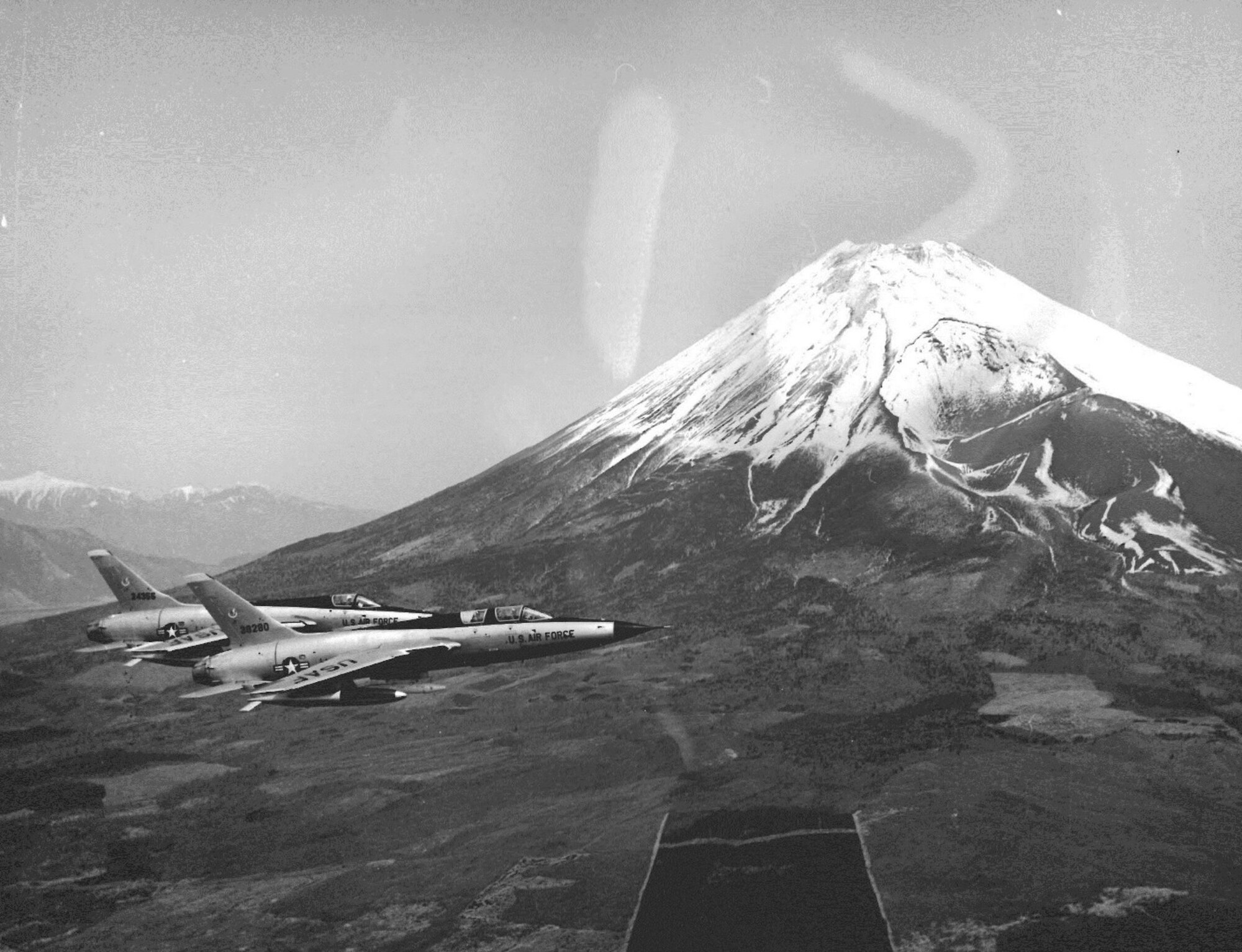 A pair of Yokota-based F-105s in front of Mt. Fuji sometime in the mid-1960s. (U.S. Air Force photo courtesy of the 374 AW History Office)
