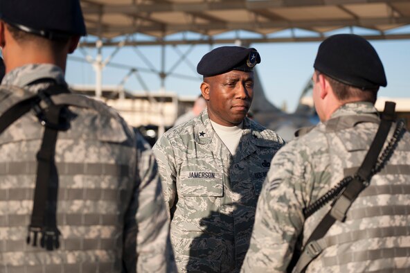 Brig. Gen. Allen J. Jamerson, Air Force Security Forces director and deputy chief of staff for logistics, installations and mission support, met with defenders from the 56th Security Forces Squadron Dec. 9 at Luke Air Force Base. Jamerson is the focal point for ensuring the physical security of Air Force nuclear assets, and planning and programming for active-duty and Reserve component security forces at locations worldwide. (U.S. Air Force photo/Staff Sgt. Staci Miller)