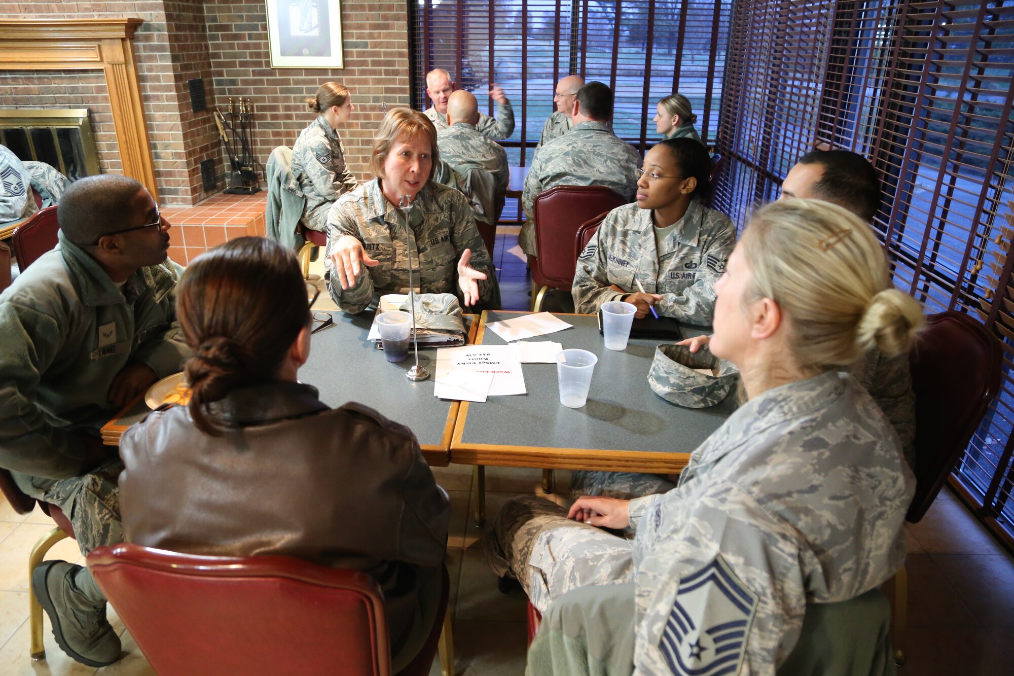 Command Chief Master Sgt. Vicky Kuntz speaks to wing enlisted members about leadership and challenges.  She is the Command Chief Master Sergeant assigned to the 932nd Airlift Wing, Scott Air Force Base, Illinois. Chief Kuntz leads the enlisted force and advises commanders on matters impacting the enlisted force, such as proper utilization, readiness, professional development, training, and quality of life issues. She ensures the commander's policies are widely publicized and understood by the enlisted force, and serves as the functional manager for all assigned first sergeants. (U.S. Air Force photo/Tech. Sgt. Christopher Parr)

Previously, Chief Kuntz has been a First Sergeant for the 934th Aircraft Maintenance Squadron, 934th Operations Support Flight, and most recently the 96th Airlift Squadron. As a First Sergeant, she deployed multiple times in support of Operations Cornet Oak, Joint Forge, Iraqi Freedom and Enduring Freedom. 
