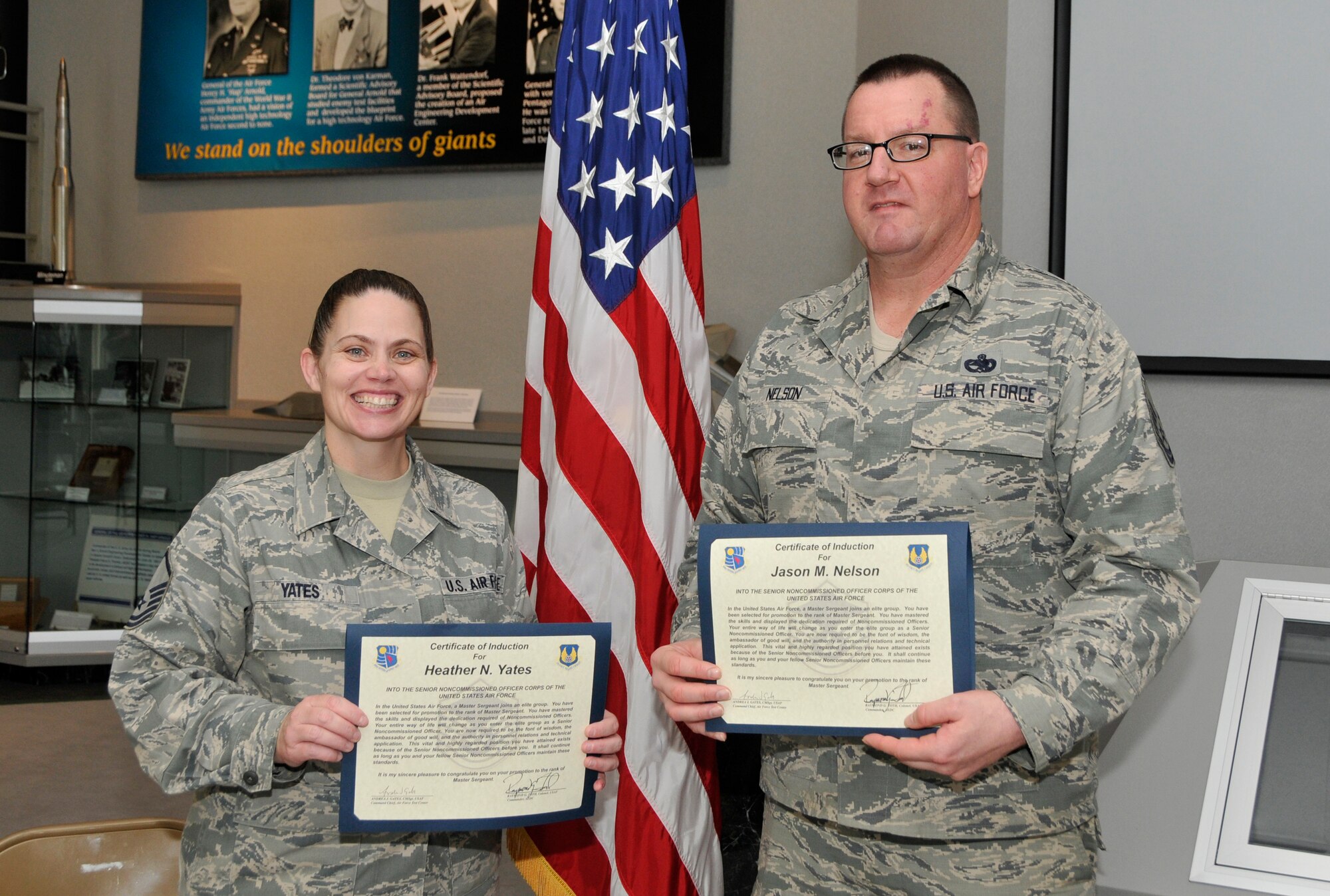 Master Sgt. Heather Yates (left) and Master Sgt. Jason Nelson were promoted to the rank of master sergeant during a ceremony at Arnold Air Force Base on Dec. 5. Yates’ assignment at Arnold began on Aug. 10, 2013, and she has been an officer in the Air Force for 16 years. Nelson’s assignment at Arnold began on Jan. 31, 2014. He has 19 years of service with the Air Force. (Photo by Jacqueline Cowan)