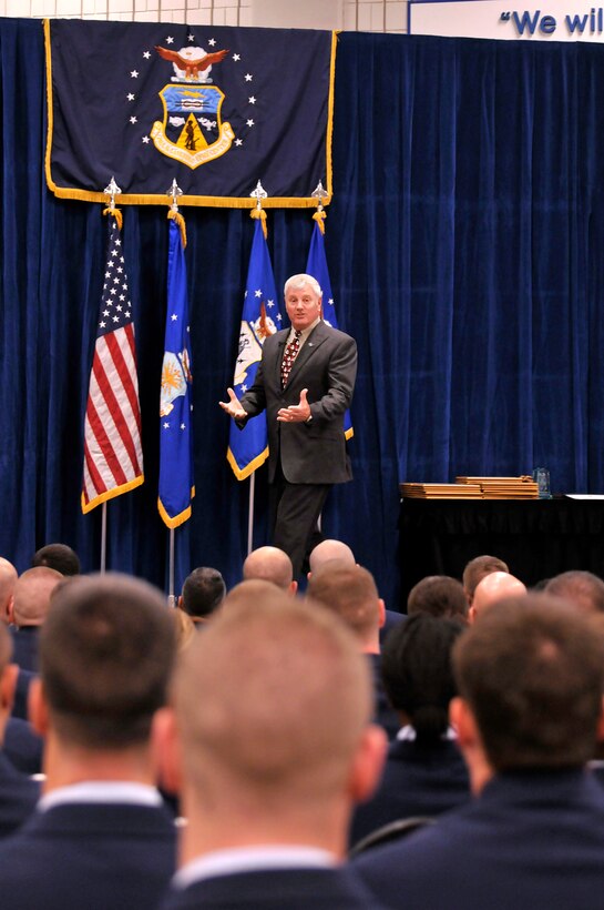 MCGHEE TYSON AIR NATIONAL GUARD BASE, Tenn. - The seventh Command Chief of the Air National Guard, retired Chief Master Sgt. Gary Broadbent, speaks with graduates of both satellite versions of NCO Academy and Airman Leadership School at the I.G. Brown Training and Education Center here Dec. 17, 2014, during a graduation ceremony. The Airmen graduated after two weeks of studies on campus and after many weeks and weekends of distance learning on their home bases. Broadbent graduated the NCO Academy at TEC in 1985. (U.S. Air National Guard photo by Master Sgt. Mike R. Smith/Released)