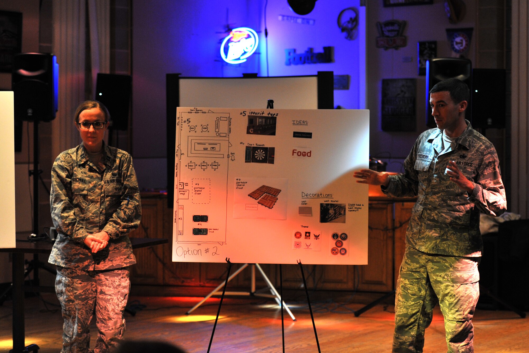 GOODFELLOW AIR FORCE BASE, Texas – Capt. Jennie C. Patschull, 17th Training Wing Legal Office assistant staff judge advocate, and Master Sgt. Matthew R. Freeborn, 17th TRW Legal Office superintendent, present their bar renovation idea during Operation Bar Rescue at the Event Center Dec. 17. The Legal Office suggested a smaller, relocated dance floor.