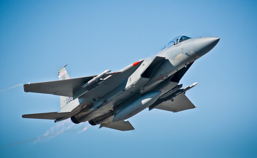 A 40th Flight Test Squadron F-15 soars up upon takeoff from the Eglin Air Force Base runway for a morning sortie.  The 40th FTS Airmen fly operational test missions in the F-16, F-15 and A-10. The 40th FTS is a squadron in the 96th Test Wing. (U.S. Air Force photo/Samuel King Jr.)