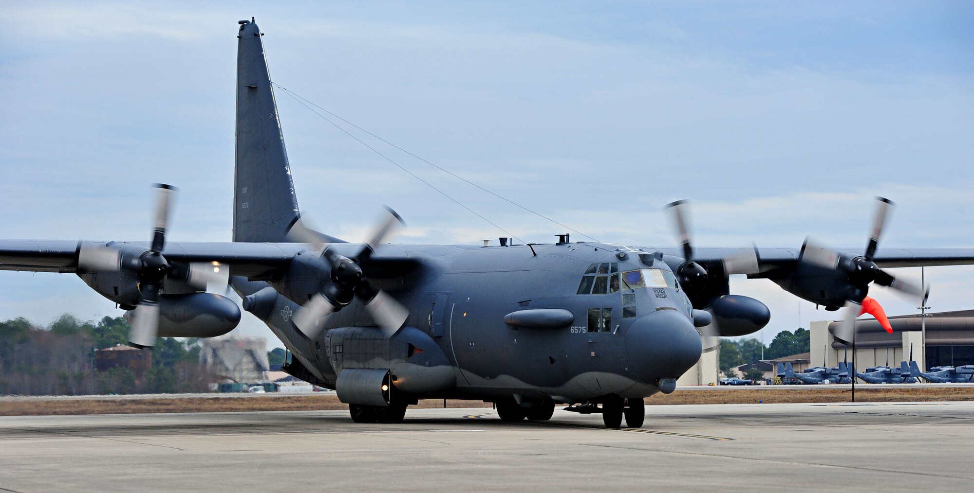 “Wicked Wanda” an AC-130H Spectre gunship taxis for the last time after serving 43 years with the 16th Special Operations Squadron and 4th SOS on Hurlburt Field, Fla., Dec. 19, 2014. “Wicked Wanda” flew her last flight here Dec. 19, and is scheduled to officially retire to the Hurlburt Field Air Park in 2015. (U.S. Air Force photo/Senior Airman Desiree W. Moye)