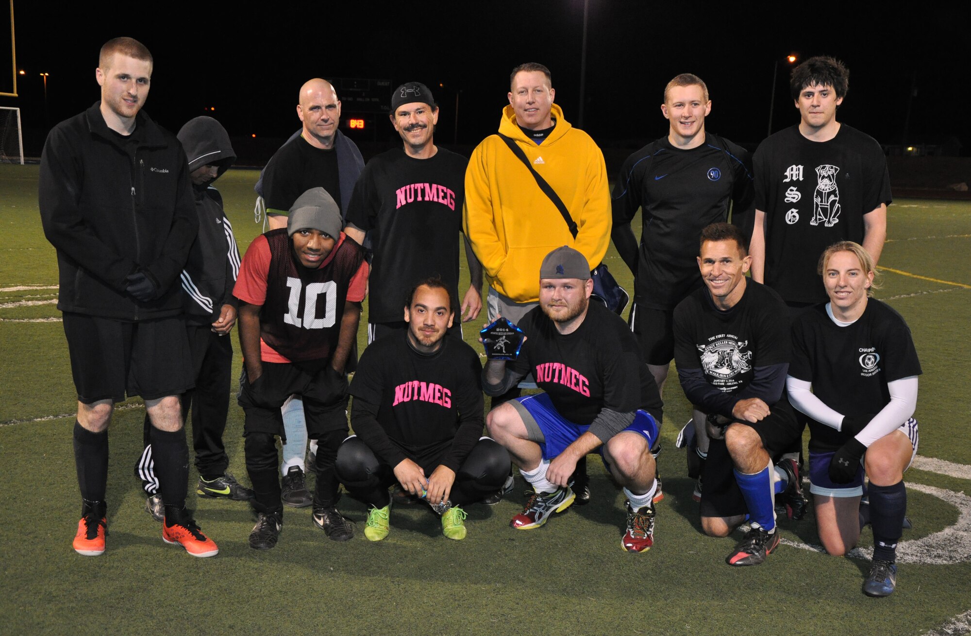 GOODFELLOW AIR FORCE BASE, Texas – The 17th Mission Support Group Junkyard Dawgs pose with the second-place trophy after the intermural soccer championship at Mathis Fitness Center football field Dec. 18. The Junkyard Dawgs lost the final match 4-1. (U.S. Air Force photo/ Senior Airman Joshua Edwards)