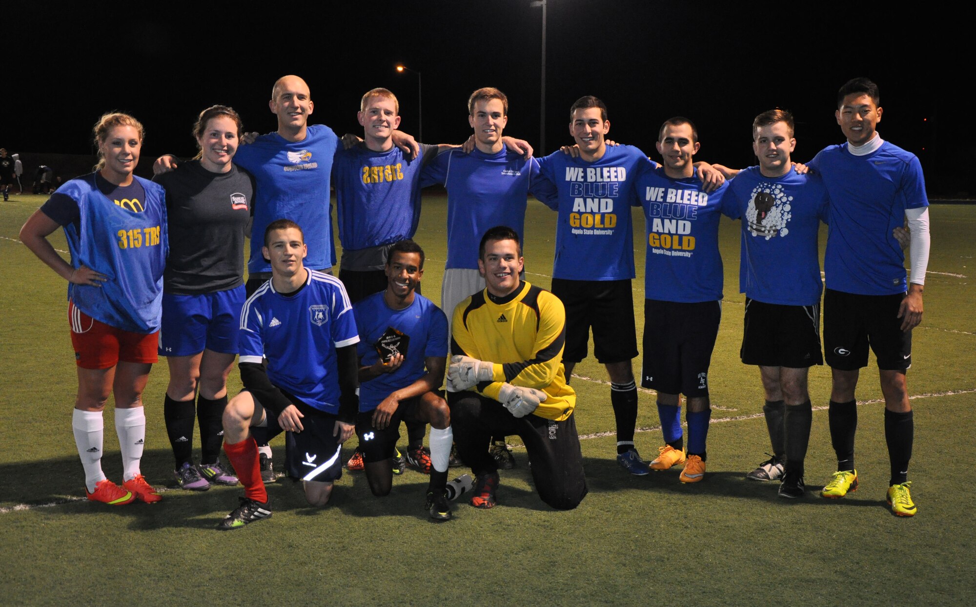 GOODFELLOW AIR FORCE BASE, Texas – The 315th Training Squadron Rattlers Team #1 pose with the first-place trophy after the intermural soccer championship at Mathis Fitness Center football field Dec. 18. The Rattlers beat the 17th Mission Support Group Junkyard Dawgs 4-1. (U.S. Air Force photo/ Senior Airman Joshua Edwards)