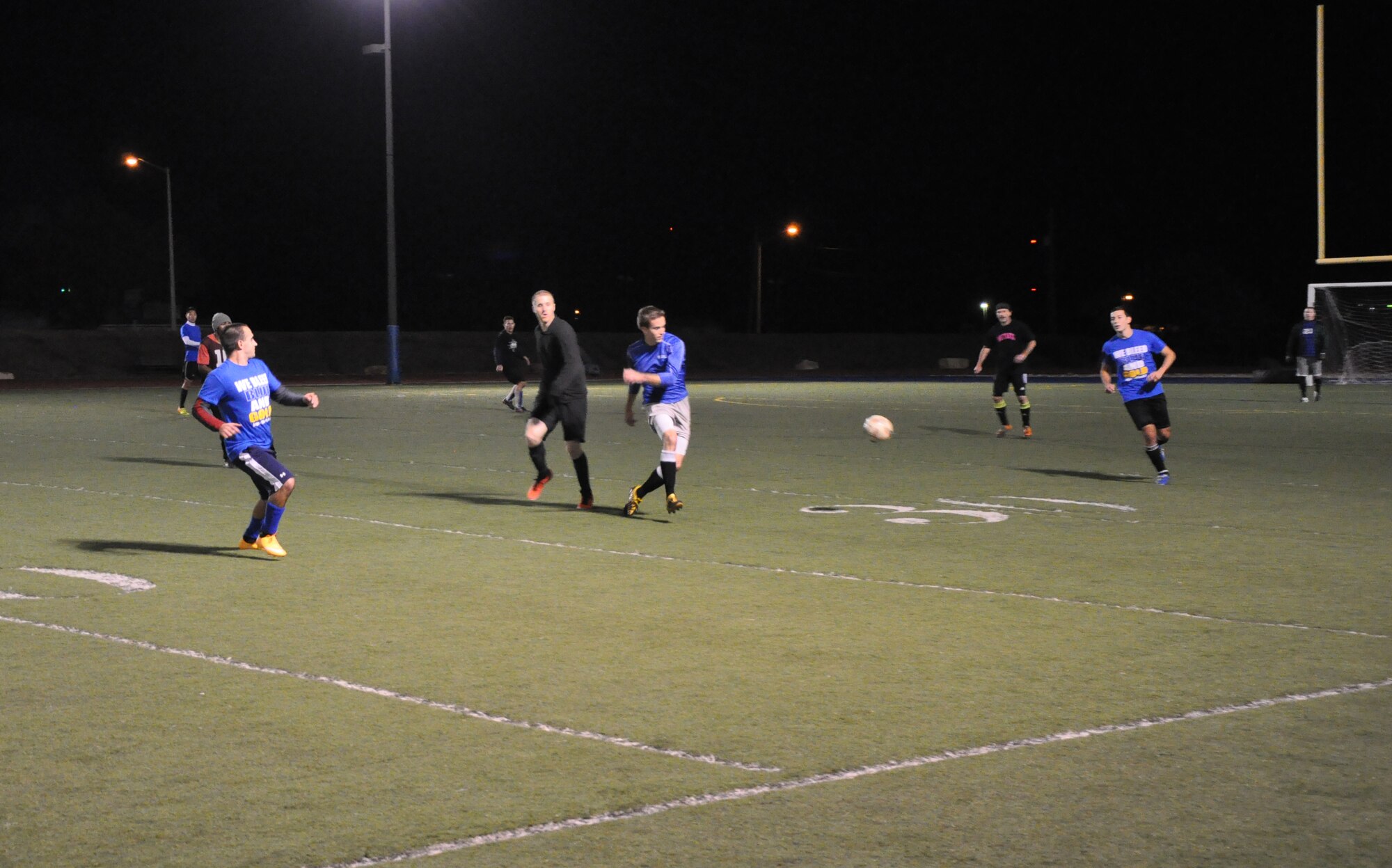 GOODFELLOW AIR FORCE BASE, Texas – The 315th Training Squadron Rattlers Team #1 play against the 17th Mission Support Group Junkyard Dawgs in the intermural soccer championship at Mathis Fitness Center football field Dec. 18. Both teams fought their way to the finals against seven other teams, but the Rattlers won in the end. (U.S. Air Force photo/ Senior Airman Joshua Edwards)