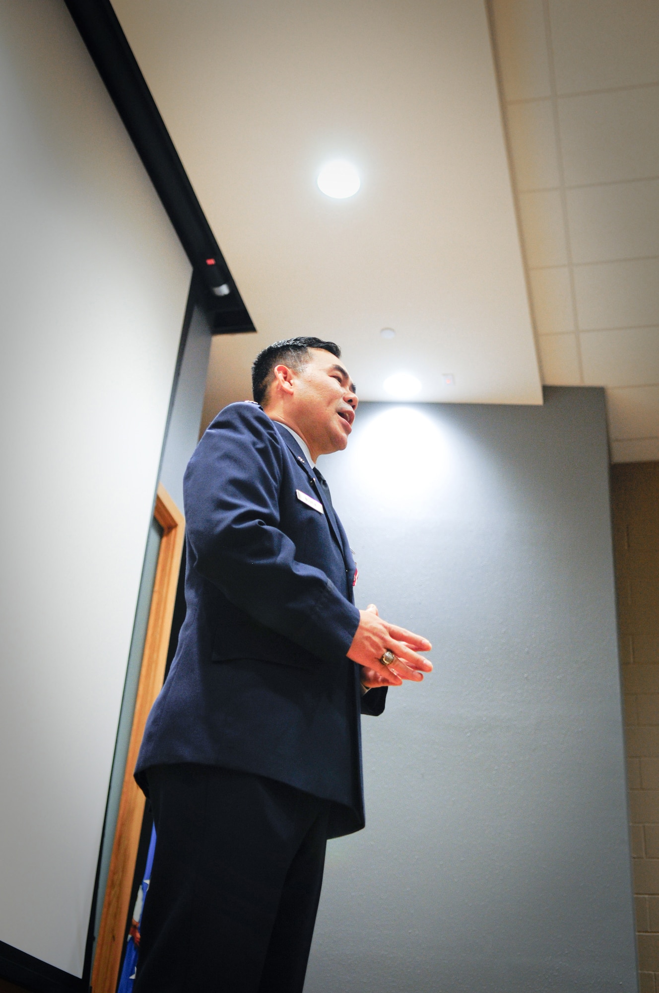Air Force Lt. Col. Don Nguyen, assistant director of operations for the 273rd Information Operations Squadron (IOS), Texas Air National Guard, makes remarks during his retirement ceremony in San Antonio, Nov. 23, 2014. Nguyen retired after 27 years of military service, including time with the Texas Army and Air National Guards. (U.S. Air National Guard photo by Tech. Sgt. Eric L. Wilson / Released) 141123-Z-IT549-002