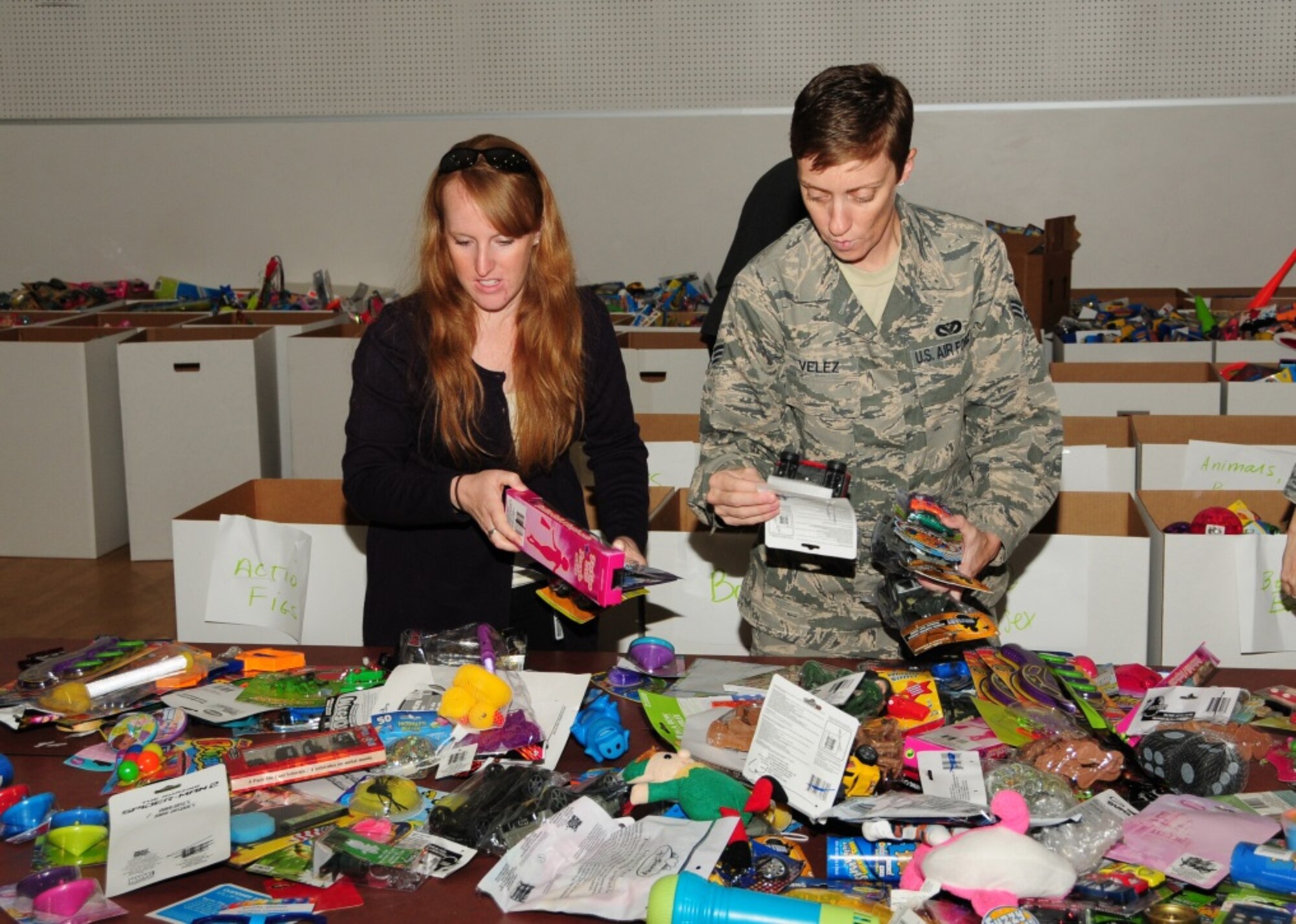 Jessica Paul, 944th Fighter Wing family advocacy manager, and Senior Airman Adrienne Velez, 944th Civil Engineer Squadron, volunteer to organize toys for Operation Holiday Open House at the Navy Operation Support Center at Luke Air Force Base, Ariz. (U.S. Air Force photo taken by Tech. Sgt. Louis Vega Jr.)