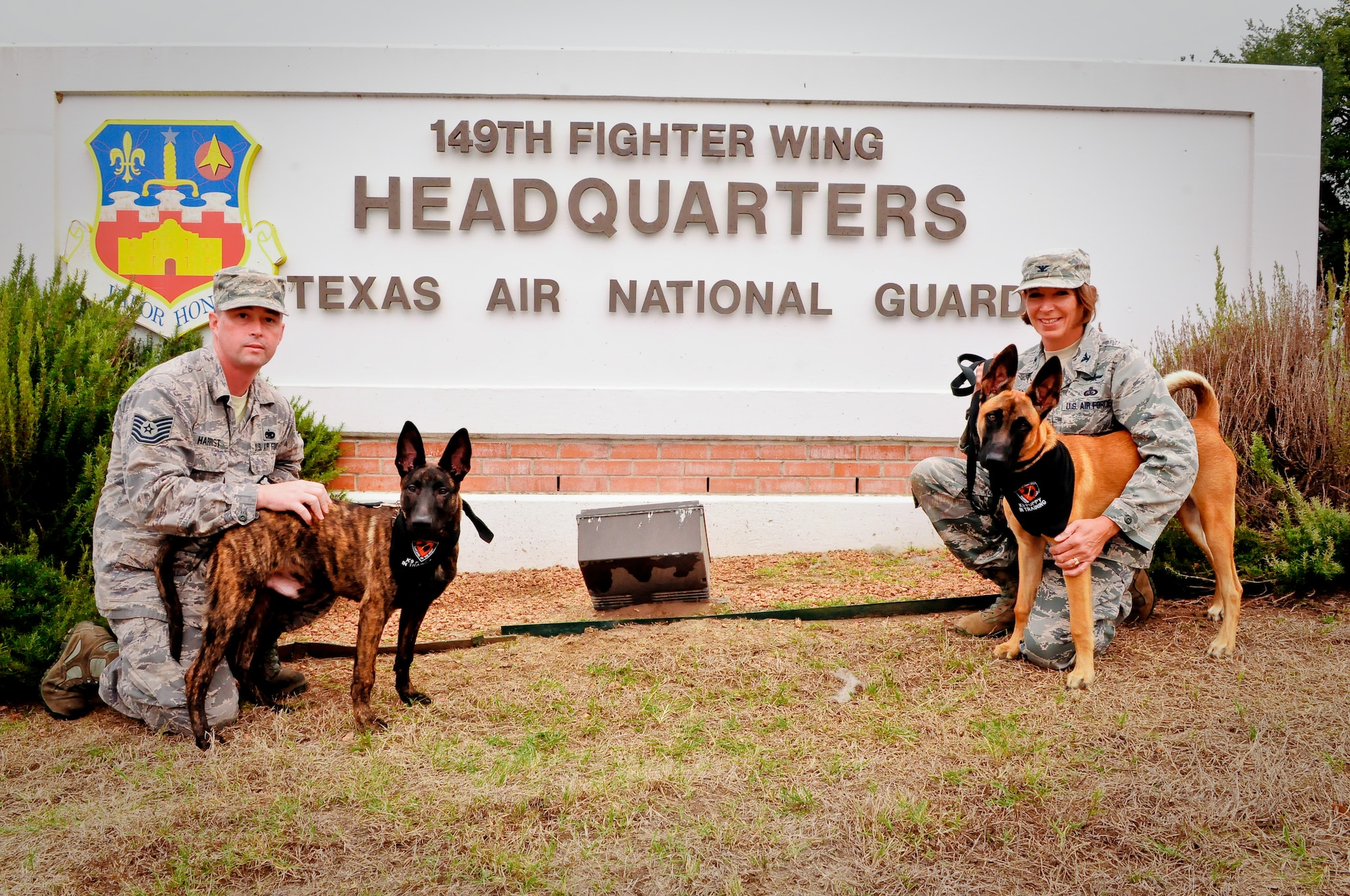 Tech. Sgt. Brandon M. Harrist, an aircraft electrical and environmental systems craftsman assigned to the 149th Maintenance Squadron, Texas Air National Guard, and Col. Susan M. Dickens, commander of the 149th Mission Support Group, Texas Air National Guard, with DDexter and YYork, military working dogs in training, which they are fostering as part of the Department of Defense?s Military Working Dog Breeding Program, at Joint Base San Antonio ? Lackland, Texas, Nov. 20, 2014. Harrist and Dickens are members of the 149th Fighter Wing, Texas Air National Guard, which is headquartered at JBSA-Lackland. (U.S. Air National Guard photo by Senior Master Sgt. Miguel Arellano / Released)