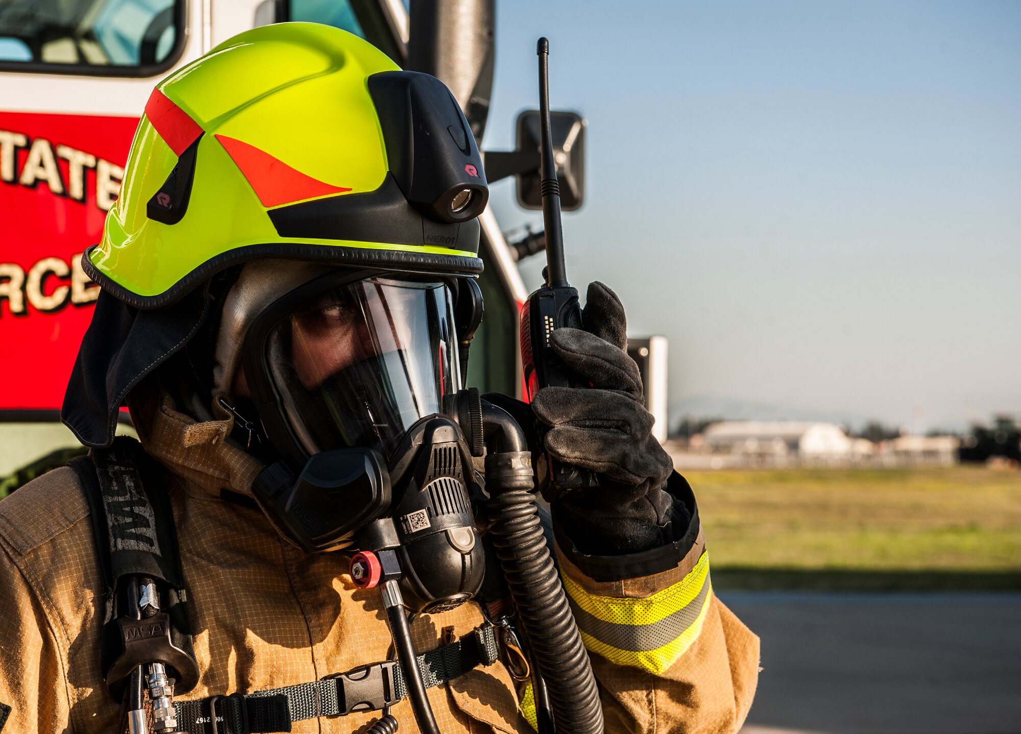 Hakan Erdal, 39th Civil Engineer Squadron firefighter, participates in an emergency response exercise Dec. 16, 2014, at Incirlik Air Base, Turkey. The firefighters participated in the exercise to ensure they are trained and ready for emergencies at a moment’s notice. (U.S. Air Force photo by Airman Cory W. Bush/Released)