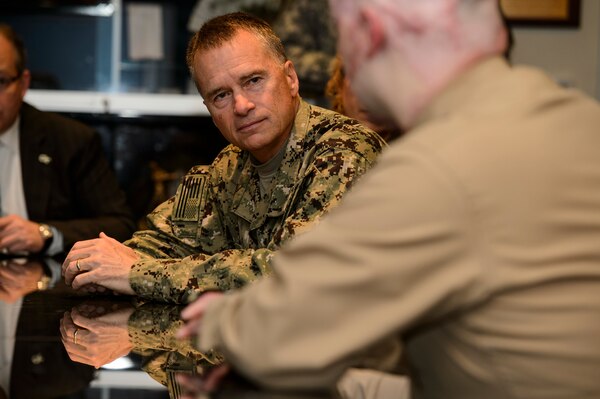 Vice Chairman of the Joint Chiefs of Staff Adm. James A. Winnefeld, Jr. listens to a wounded warrior patient from the Brooke Army Medical Center during a tour the Center for the Intrepid, Dec. 19, 2014.  Adm. Winnefeld brought this group together to seek innovative ways to improve the lives of wounded warriors.  CFI provides rehabilitation for veterans who have sustained amputation, burns, or functional limb loss, and promotes research in the fields of Orthopedics, prosthetics and physical and occupational rehabilitation.  Georgia Tech Research Institute is an applied research and development organization that is working with the Department of Defense and VA on complex issues facing national security and methods to improve the quality of life for Veterans.