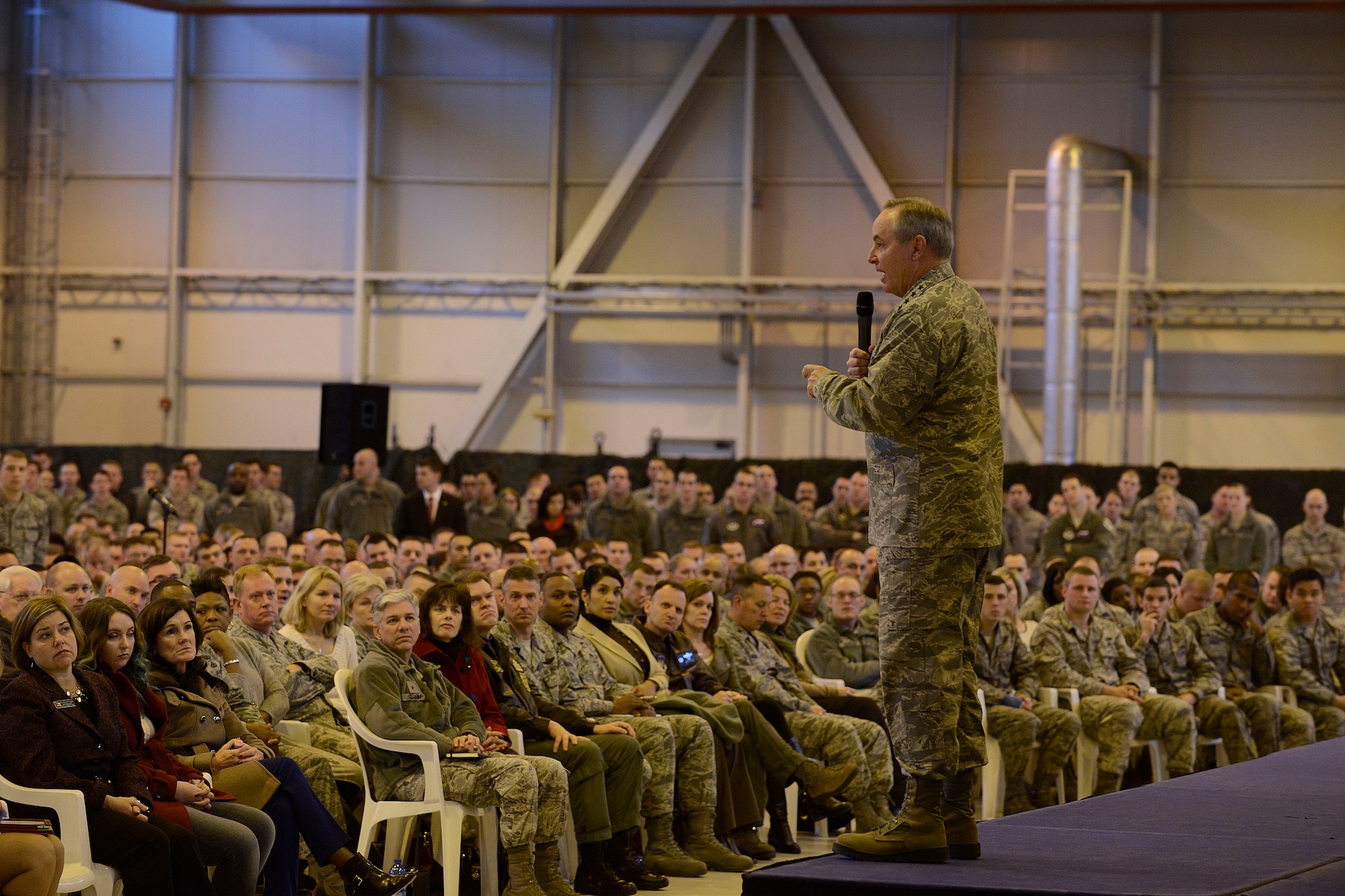 Air Force Chief of Staff Gen. Mark A. Welsh III addresses Aviano Air Base Airmen during an all call Dec. 22, 2014, at Aviano AB, Italy. During his visit to the 31st Fighter Wing, Welsh received a mission brief, participated in an open discussion during breakfast with Airmen and hosted an all call to address some of the main challenges the Air Force will face in 2015 and beyond. (U.S. Air Force photo/Airman 1st Class Ryan Conroy)