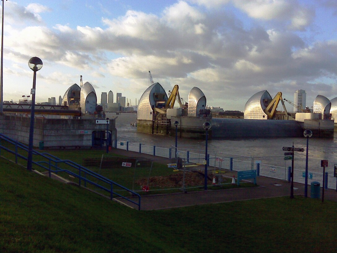 Rosemary Schmidt, chief, Geology and Chemistry Section, U.S. Army Corps of Engineers, New England District, tours the Thames River Barrier in London, U.K., as a contributor for the International Levee Handbook. 
