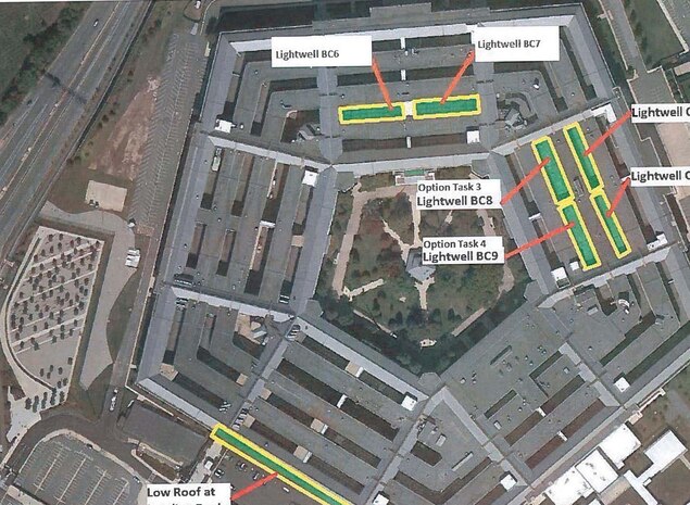 An overhead view of the Pentagon shows possible locations of a vegetative roof for a feasibility study requested by Pentagon Services to reduce energy consumption. Although it was found the facility can't structurally support the weight associated with a 'green roof' Huntsville Center's Facility Repair and renewal program will likely be called upon in the future to provide similar assessments.