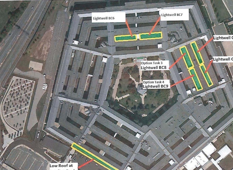 An overhead view of the Pentagon shows possible locations of a vegetative roof for a feasibility study requested by Pentagon Services to reduce energy consumption. Although it was found the facility can't structurally support the weight associated with a 'green roof' Huntsville Center's Facility Repair and renewal program will likely be called upon in the future to provide similar assessments.