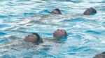 In this photo, Marines training in the Marine Combat Instructor of Water Survival course drill rescues with their classmates at the Marine Corps Base Hawaii pool.   