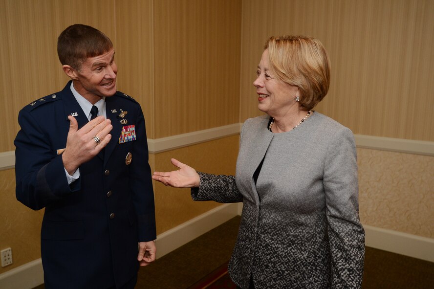 U.S. Air Force Maj. Gen. Craig Olson, Command, Control, Communications, Intelligence and Networks program executive officer, at Hanscom Air Force Base, talks with U.S. Rep. Niki Tsongas during a state-sponsored small business forum in Waltham, Mass., Dec. 18. The forum focused on upcoming small business contract opportunities within the C3I and Networks and Battle Management directorates at Hanscom. (U.S. Air Force photo by Jerry Saslav)
