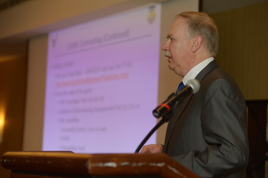 Bill Donaldson, Small Business director at Hanscom Air Force Base, Mass., addresses a state-sponsored small business forum audience in Waltham, Mass., Dec. 18. The forum was hosted by the Commonwealth of Massachusetts’s Military Asset and Security Strategy Task Force. (U.S. Air Force photo by Jerry Saslav)
