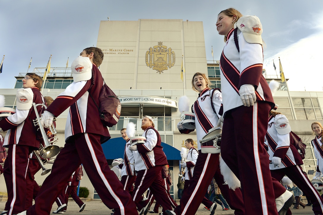 The Virginia Tech Marching Band arrives at Navy-Marine Corps Memorial Stadium in Annapolis, Md., Dec. 27, 2014. The Virginia Tech Hokies defeated the Cincinnati Bearcats 33 to 17, winning Military Bowl 2014 title.
