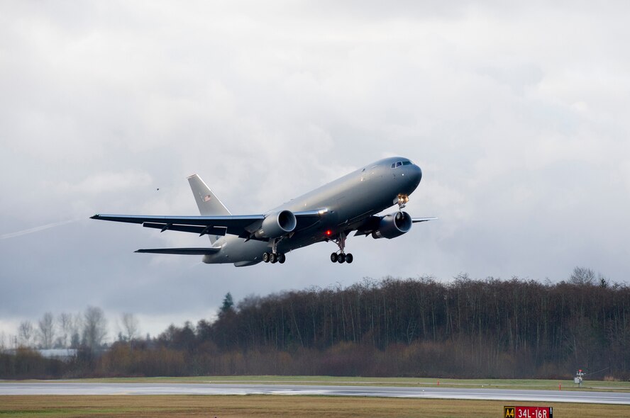 Boeing and the U.S. Air Force successfully completed the first flight of the KC-46 tanker test program today. The plane, a Boeing 767-2C, took off from Paine Field, Wash., at 9:29 a.m. (PST) and landed three hours and 32 minutes later at Boeing Field. The aircraft will receive its military systems following certification. (photo courtesy of Boeing)