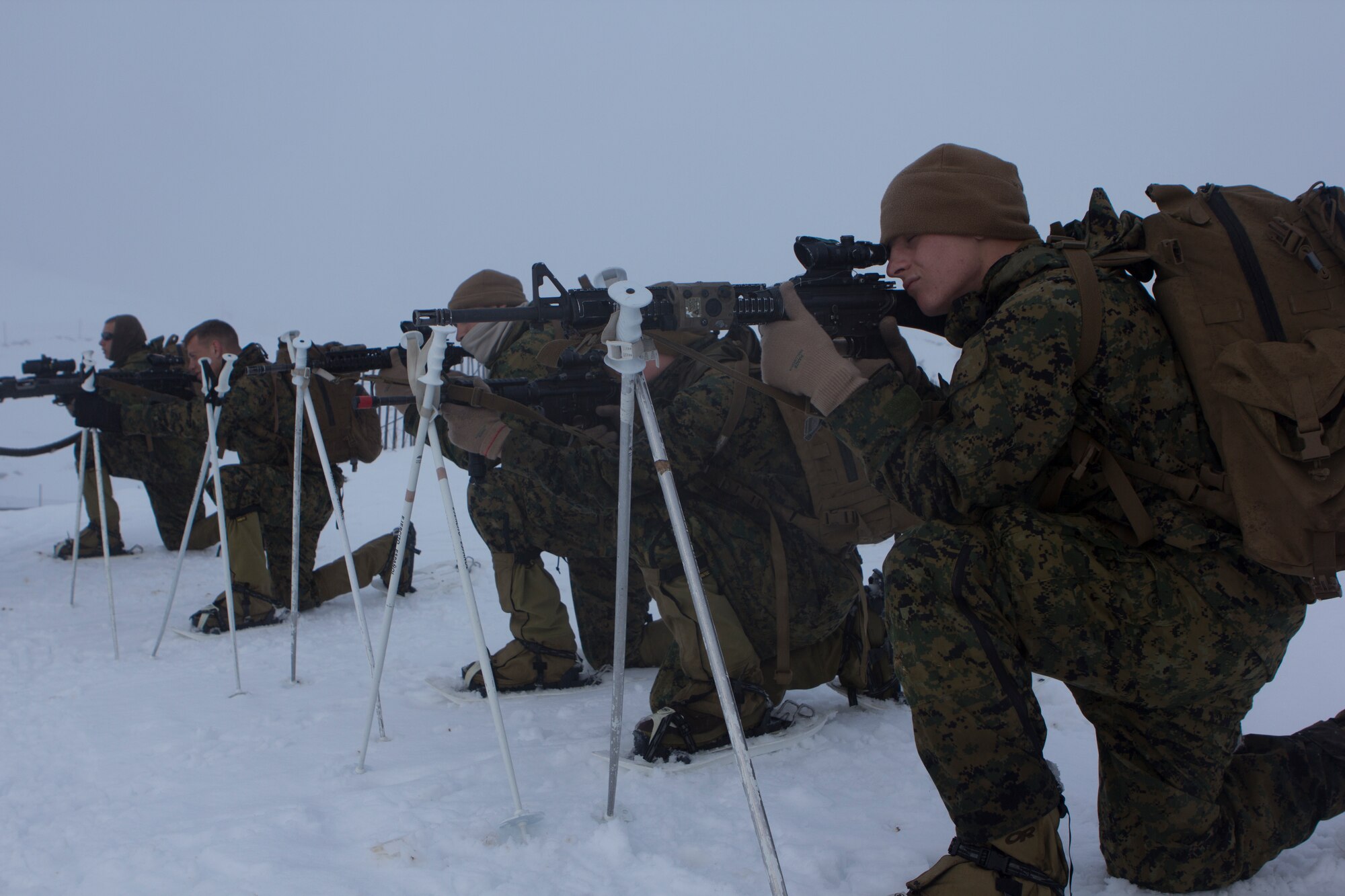 U.S. Marines with SPMAGTF Crisis Response – Africa use ski poles as bipods during mountain warfare training in Candanchu, Spain, Dec. 16, 2014. The exercise, which was conducted with the Spanish, allowed the Marines to gain greater knowledge of mountain warfare tactics, techniques and procedures while enhancing interoperability with the Spanish and strengthening the U.S. partnership with Spain. SPMAGTF-CR-AF is a self-mobile crisis response force that conducts missions to protect U.S. personnel, property and interests in the U.S. Africa Command area of responsibility.(U.S. Marine Corps photo by Cpl. Jeraco Jenkin/Released)
