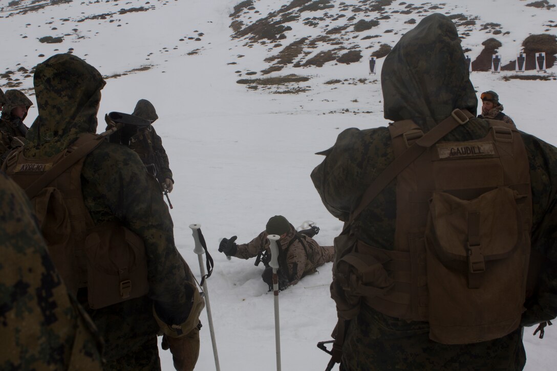 U.S. Marines with SPMAGTF Crisis Response – Africa, learn proper the proper technics of shooting in show taught by a Spanish mountaineer with 1st Mountain Troops Command IOT during mountain warfare training in Candanchu, Spain, Dec. 16, 2014. The exercise, which was conducted with the Spanish, allowed the Marines to gain greater knowledge of mountain warfare tactics, techniques and procedures while enhancing interoperability with the Spanish and strengthening the U.S. partnership with Spain.  SPMAGTF-CR-AF is a self-mobile crisis response force that conducts missions to protect U.S. personnel, property, and interests in the U.S. Africa Command area of responsibility. (U.S. Marine Corps photo by Cpl. Jeraco Jenkins/Released)