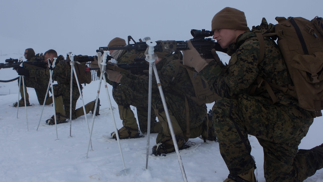 U.S. Marines with Special Purpose Marine Air-Ground Task Force  Crisis Response – Africa use ski poles as bipods during mountain warfare training in Candanchu, Spain, Dec. 16, 2014. The exercise, which was conducted with the Spanish, allowed the Marines to gain greater knowledge of mountain warfare tactics, techniques and procedures while enhancing interoperability with the Spanish and strengthening the U.S. partnership with Spain. SPMAGTF-CR-AF is a self-mobile crisis response force that conducts missions to protect U.S. personnel, property and interests in the U.S. Africa Command area of responsibility.