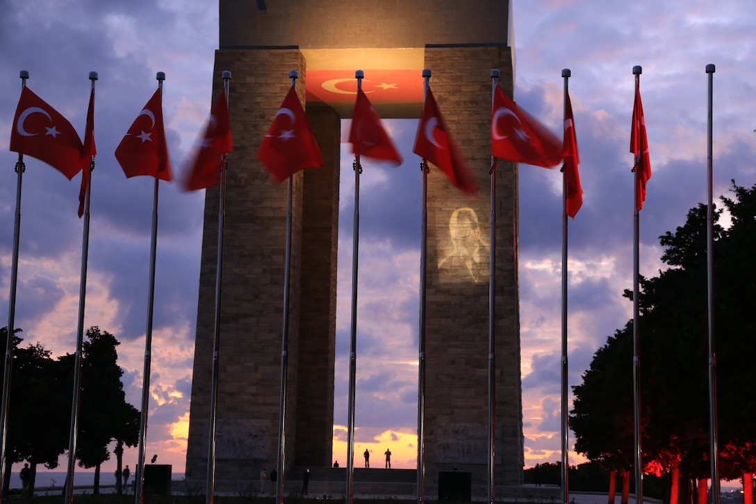Marines and Sailors stand beneath the Turkish monument to the fallen soldiers of the Gallipoli Campaign at Canakkale, Turkey, Dec. 19-21, 2014. Turkish forces sustained more than 200,00 casualties during the course of the campaign.