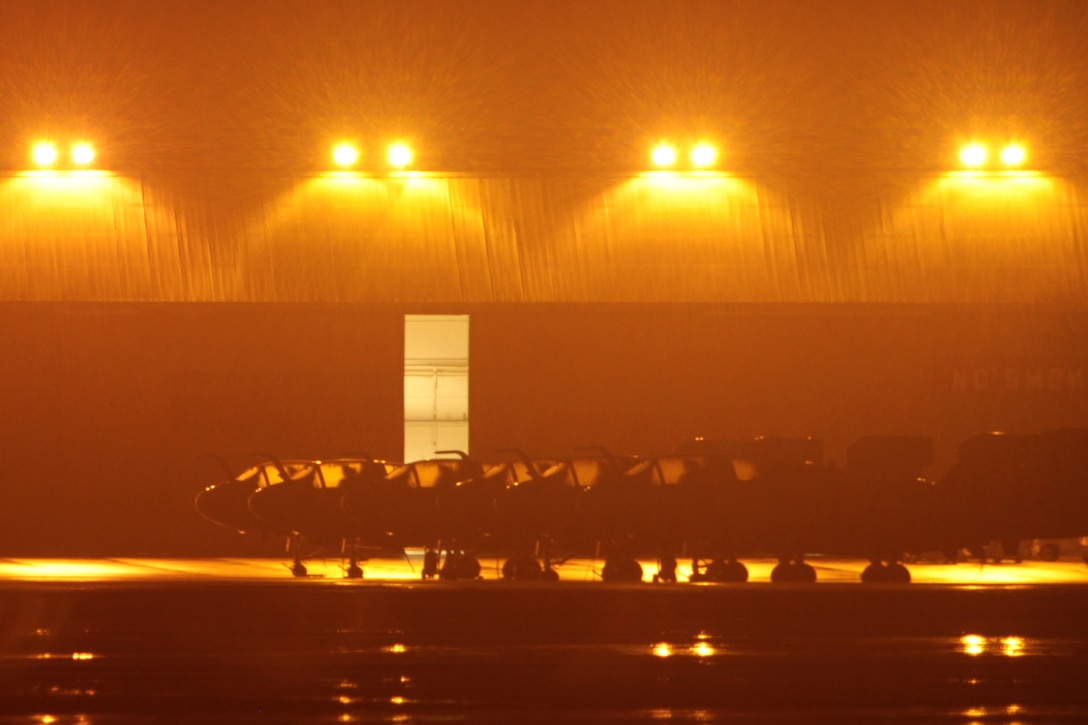 The view from the northeast side of Runway 14 shows several EA-6B Prowler electronic warfare aircraft staged on the flight line at Marine Corps Air Station Cherry Point, N.C., Dec. 24, 2014.
Cherry Point is home to 2nd Marine Aircraft Wing and several of its squadrons. Its runways operate 24/7, 365 days each year, and the air station hosts squadrons that specialize in air-to-ground attack support; electronic warfare; aerial transport and refueling; and sea and land search and rescue.

