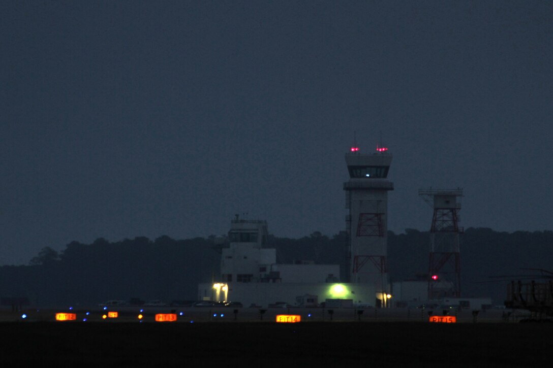 The Air Traffic Control tower looks over the runways at Marine Corps Air Station Cherry Point, N.C., Dec. 29, 2014. 
Cherry Point is home to 2nd Marine Aircraft Wing and several of its squadrons. Its runways operate 24/7, 365 days each year, and the air station hosts squadrons that specialize in air-to-ground attack support; electronic warfare; aerial transport and refueling; and sea and land search and rescue.
