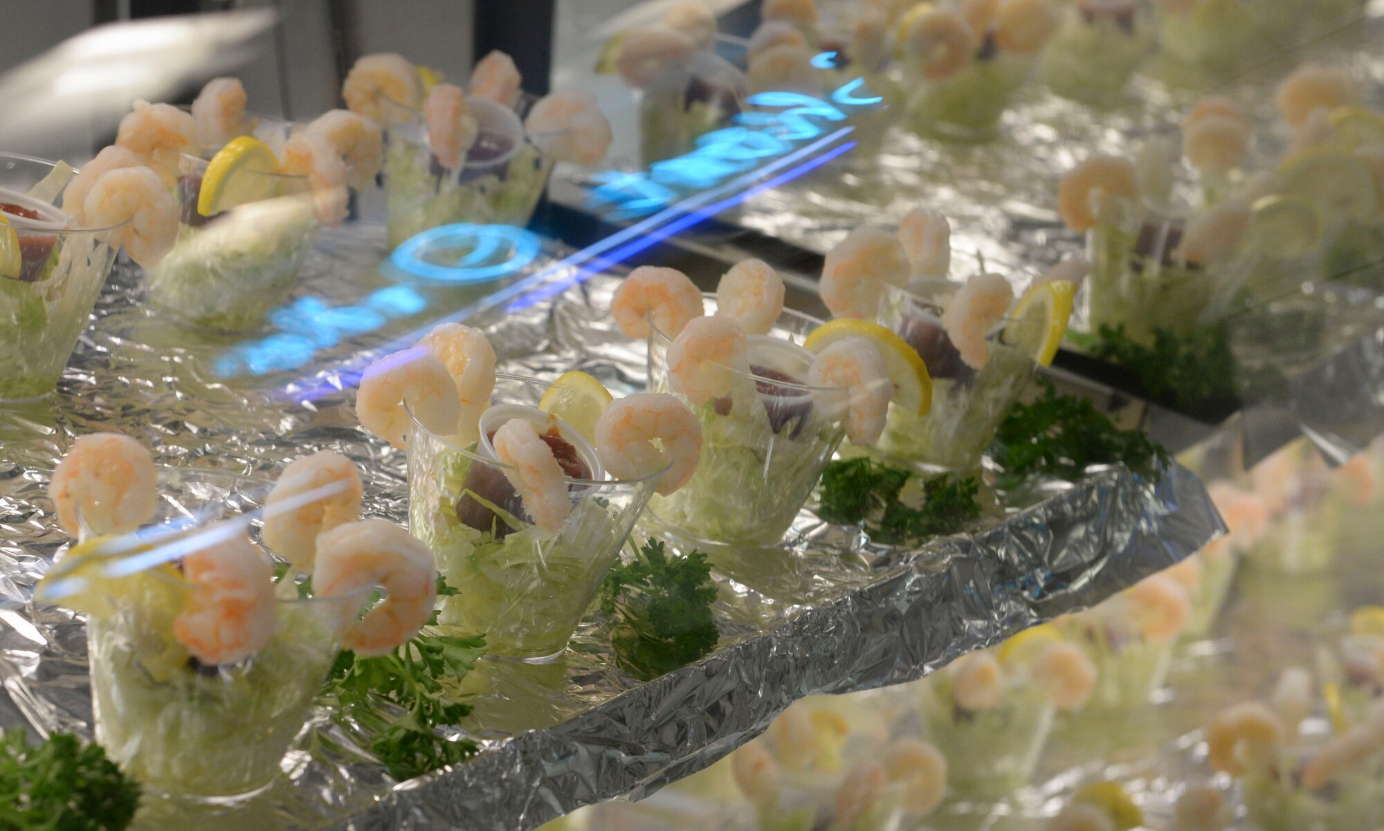 Shrimp cocktail appetizers are displayed at the Riptide Dining Facility during Christmas lunch on Hurlburt Field, Fla., Dec. 25, 2014. Christmas lunch is one of the two meals offered to retirees and their families throughout the year. (U.S. Air Force photo/ Senior Airman Meagan K. Schutter)