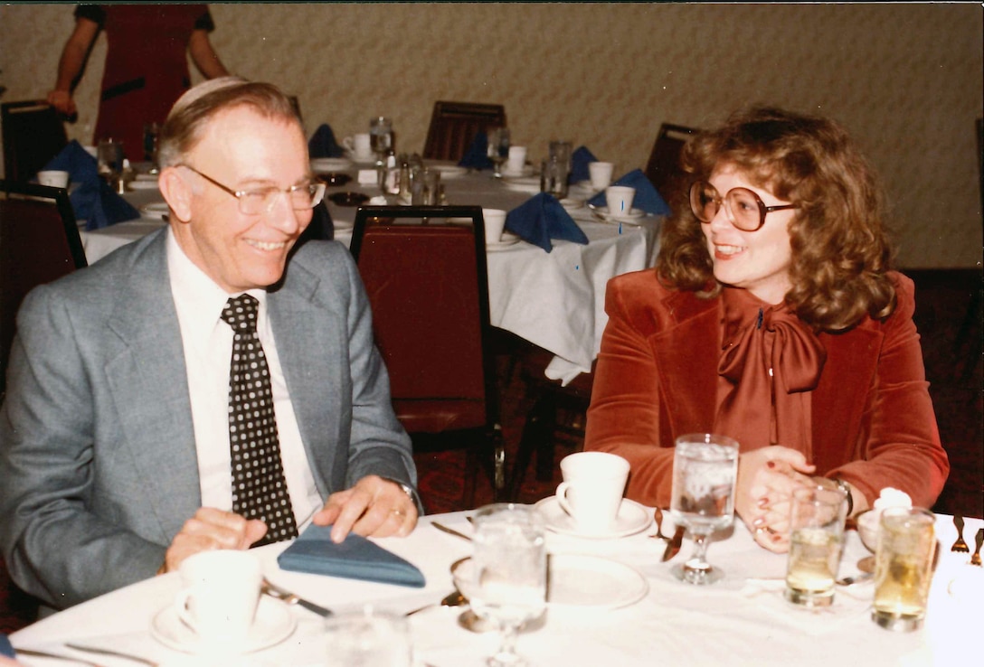 Sharon Caine, U.S. Army Corps of Engineers Sacramento District real estate division chief, enjoys lunch with George Waddell, her former supervisor in engineering division and mentor, at a district function in the 1980s. Caine will retire at the end of 2014 after serving the U.S. Army Corps of Engineers for 54 years. Most of that time was spent with the Corps’ Sacramento District.