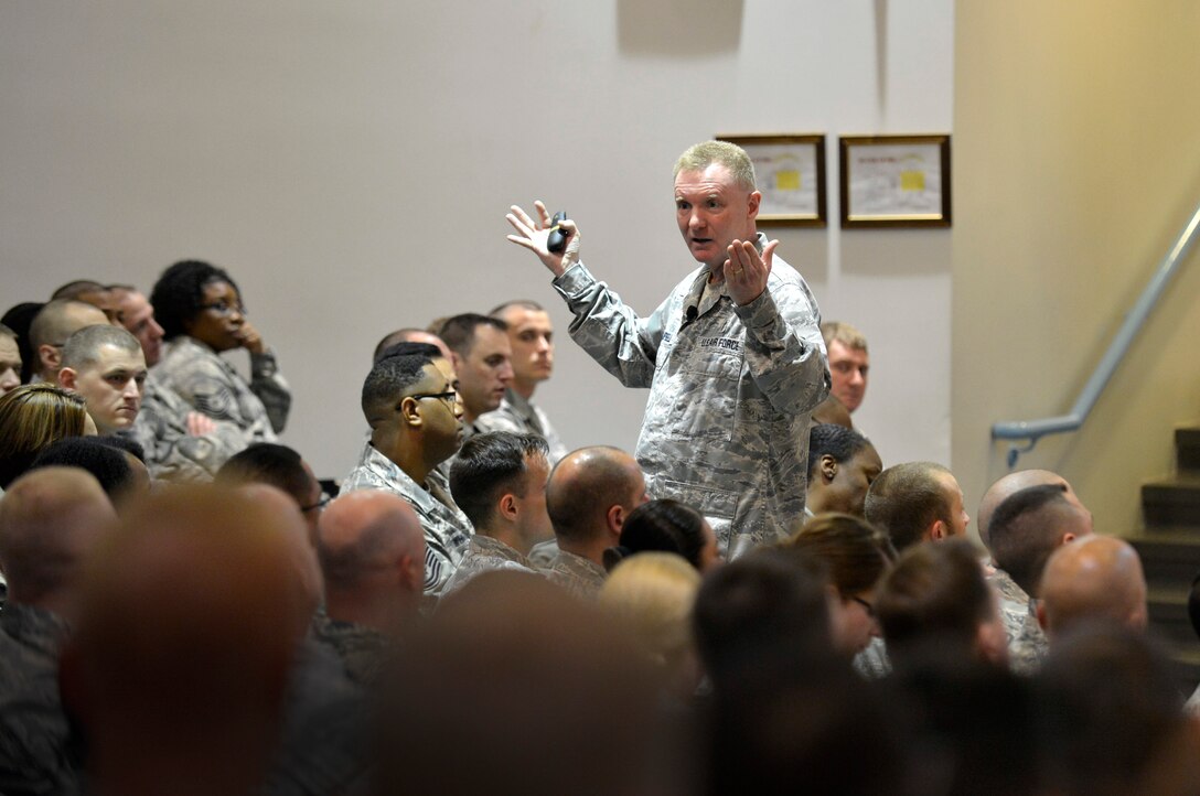 MCGHEE TYSON AIR NATIONAL GUARD BASE, Tenn. - Lt. Col. Ira S. Campbell, chaplain at the I.G. Brown Training and Education Center, talks about the power of resilience to incoming NCO Academy students at the Paul H. Lankford Enlisted Professional Military Education Center here, April 15, 2014 (U.S. Air National Guard photo by Master Sgt. Kurt Skoglund/Released)