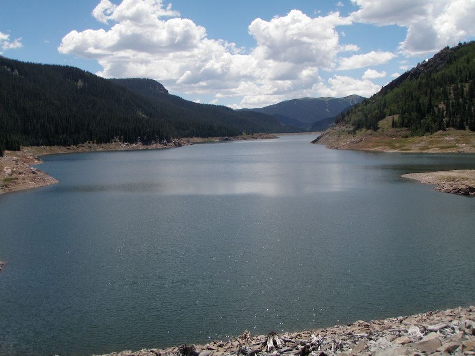 The Platoro Reservoir in the Rio Grande Basin. Construction was completed by the Bureau of Reclamation in 1951. The U.S. Army Corps of Engineers retains authority over its operation for flood risk management. Photo by Amy Louise, July 23, 2014.