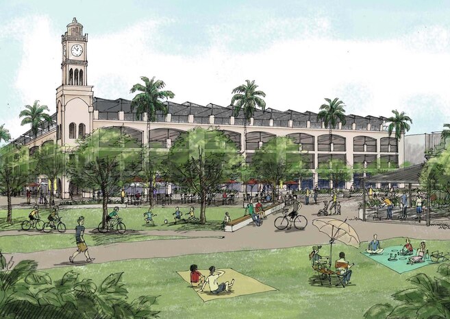 This drawing of Hawaii's Schofield Barracks Town Center Area Development Plan, done by the contractor HB&A, demonstrates how the proposed parking structure would match the historic decor of the nearby quads. The Town Center ADP project, which won an American Planning Association Award, was managed by Huntsville Center's Planning and Programming Branch.  