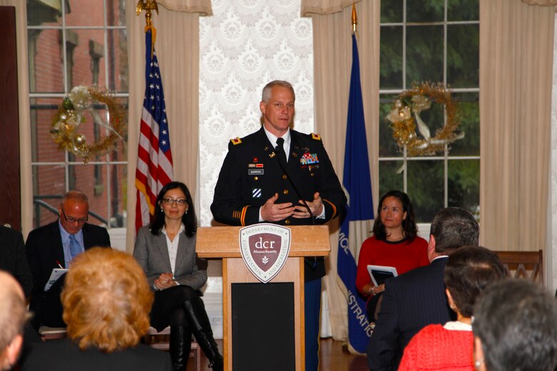 Col. Christopher Barron, New England District Commander, addresses the audience at the Watertown Arsenal ribbon cutting ceremony, December 3, 2014 in Watertown, Massachusetts