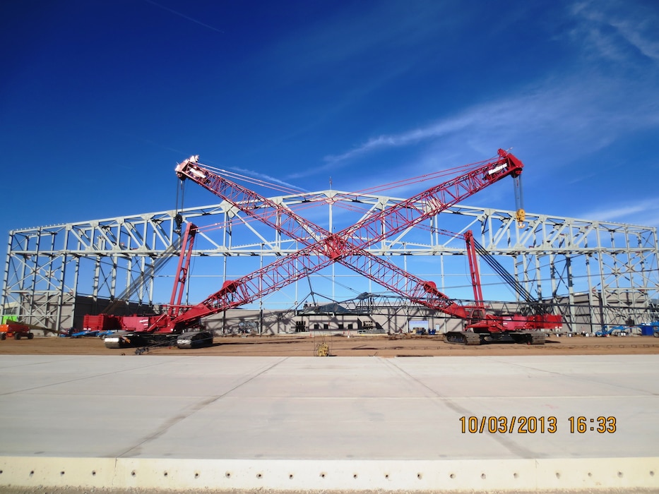 2014 District Photo Drive entry. Photo by Garry Vollbrecht, Oct. 3, 2014.  “Two Manitowoc cranes after setting the main box truss at the FY-12 Two Bay Hangar at Cannon Air Force Base, N.M.”