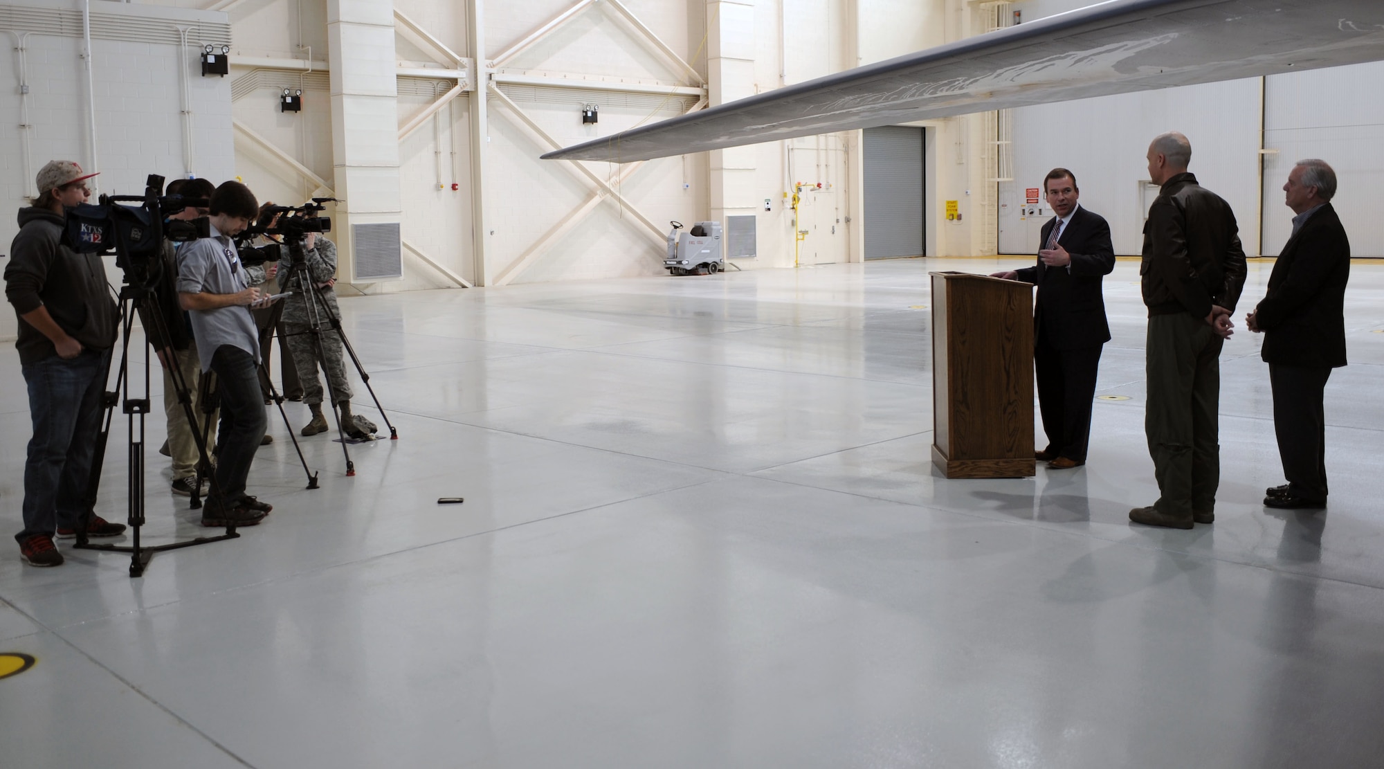 Jason Smith, Abilene Chamber of Commerce president, answers questions about World’s Largest Barbecue Dec. 29, 2014, at Dyess Air Force Base, Texas. 2015 marks the 50th annual World’s Largest Barbecue hosted by the Abilene Military Affairs Committee. The barbecue is free to Department of Defense active-duty personnel, reservists, guardsmen, DoD civilian employees, and their families, and is scheduled to take place May 2 at Dyess. (U.S. Air Force photo by Senior Airman Shannon Hall/Released)