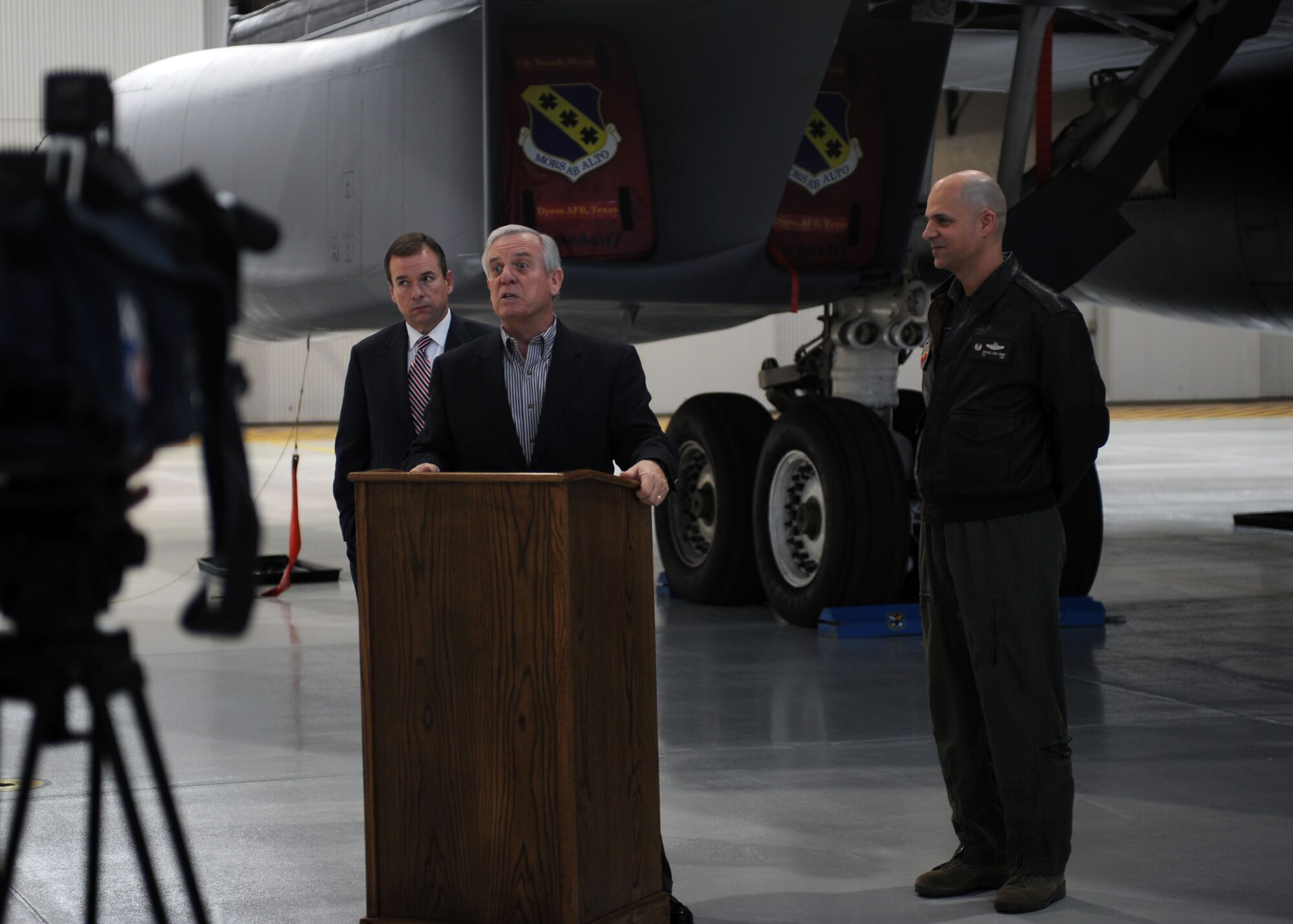Norm Archibald, Abilene Mayor, speaks to media about his plans to attend the 2015 Dyess Big Country Airfest and annual World’s Largest Barbecue during a press conference Dec. 29, 2014, at Dyess Air Force Base, Texas.  The barbecue will be held May 2 and the airshow, which is free to the public, is scheduled to take place on base May 2-3. (U.S. Air Force photo by Senior Airman Shannon Hall/Released)