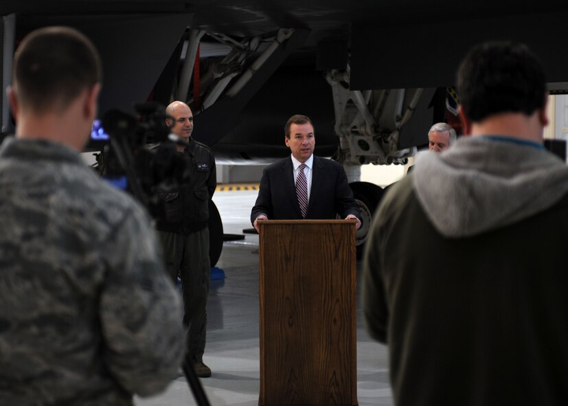 Jason Smith, Abilene Chamber of Commerce president, speaks about plans for the annual World’s Largest Barbecue during a press conference Dec. 29, 2014, at Dyess Air Force Base, Texas. The barbecue is hosted by the Abilene Military Affairs committee to honor today’s service members and is scheduled to take place May 2. (U.S. Air Force photo by Senior Airman Shannon Hall/Released)